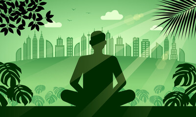 Man meditating at a park near the city, green tones illustrations, concept of finding peace.