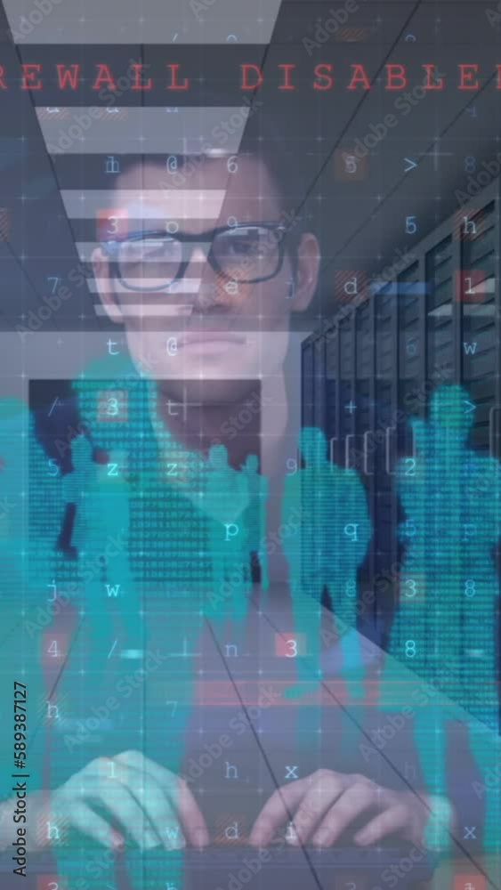 Poster animation of cyber attack warning and data processing over male hacker and computer servers