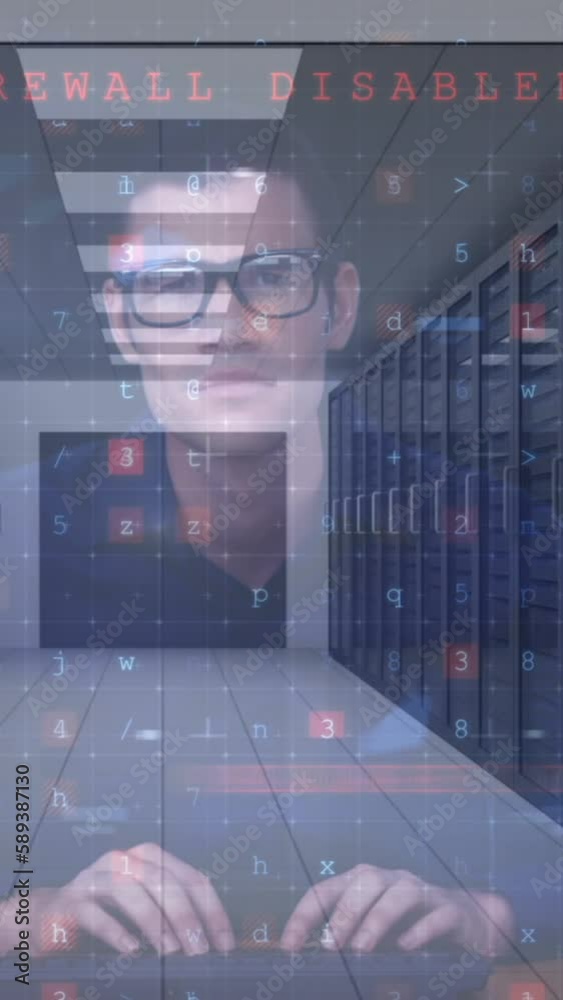 Poster animation of cyber attack warning text and numbers processing over male hacker and computer servers