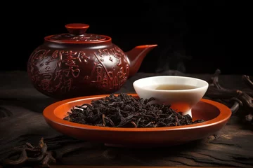 Foto op Aluminium Teapot, Da Hong Pao Chinese tea leaves and a hot drink in a mug. Close-up Asian tea ceremony. Generative AI © Sergio