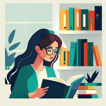 Girl Reading Book Illustration Created With Generative AI Technology