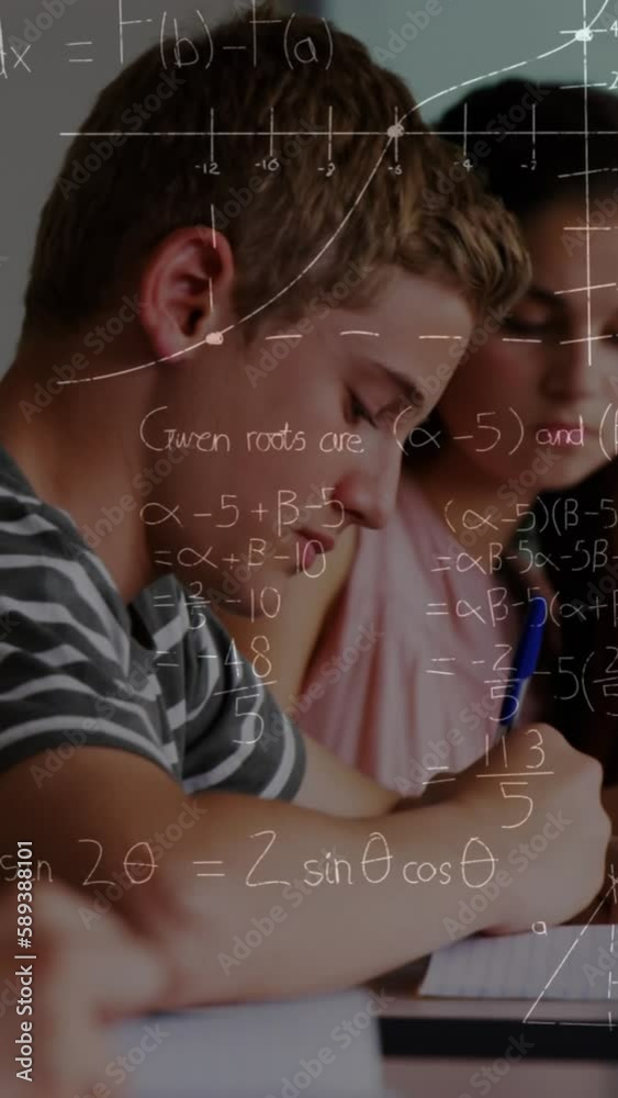 Poster animation of mathematical formulas over students in classroom