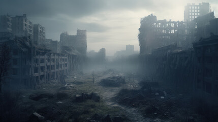 Post apocalyptic city background. Destroyed buildings, cracked road. Generative AI.