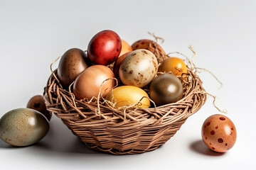 Obraz na płótnie Canvas Realistic basket of easter eggs created with generative AI