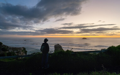 Man watching sunset at Muriwai Beach Gannet Colony. Auckland.