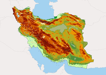 High detailed vector Iran physical map, topographic map of Iran on white with rivers, lakes and neighbouring countries. 