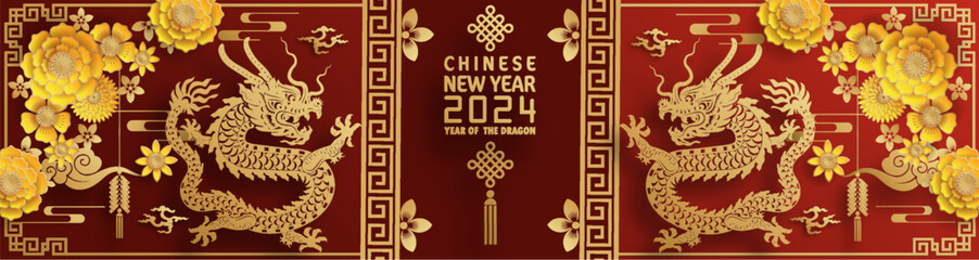Happy chinese new year 2024 year of the chinese dragon zodiac with on color Background. ( Translation : happy new year, chinese dragon )