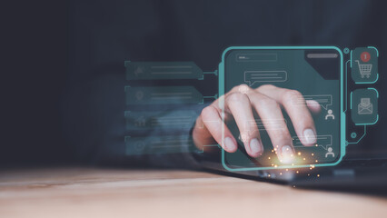 Human hand using a laptop computer,Conversation in the chat box icon,social media creation ideas,Chatting and commenting with social networks ,response and chat customer service,online communication © chaylek