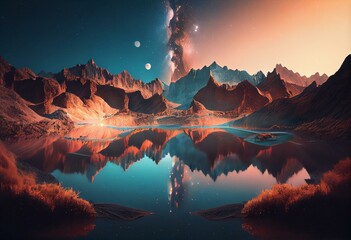 space fantasy mountain lake landscape generative AI