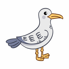 Seagull on white background. Cute illustration for children book. Cartoon style drawing.