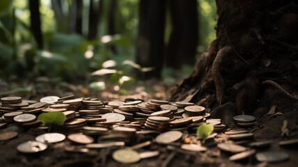 A tree growing on a pile of coins. Generative AI