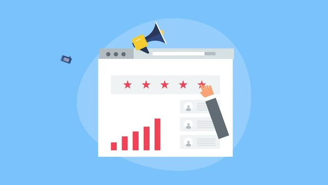 Online reputation management. Customer review with five star rating, user experience positive feedback and client testimonial conceptual orm business marketing video animation. 