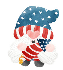 cute festive fun 4th of July Gnome watercolour celebrating America Independence freedom day cartoon hand drawing	
