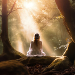 Une femme assise dans une forêt naturelle avec des rayons de lumière en arrière-plan, méditation, guérison de son passé - obrazy, fototapety, plakaty