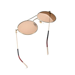 Sunglasses in flying isolated on white and grey background. Retro sunglasses summer woman fashion accessories as design element for promo or advertising banner. Modern metal glasses with frame round