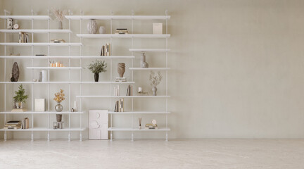 Fototapeta na wymiar Bright living room with large modern shelf. Interior mockup, 3d rendering 