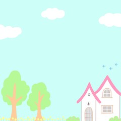 Naklejka premium かわいい家と木のある風景イラスト