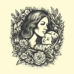 Mother's day illustration. Hand drawn vintage engraving style woodcut vector illustration. Optimised vector.