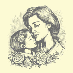 Mother's day illustration. Hand drawn vintage engraving style woodcut vector illustration. Optimised vector.