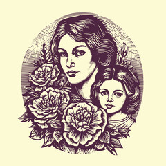 Mother's day illustration. Hand drawn vintage engraving style woodcut vector illustration. Optimised vector.