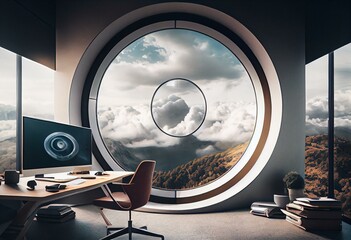 Generative AI illustration of office with computer near round window in building surrounded by clouds