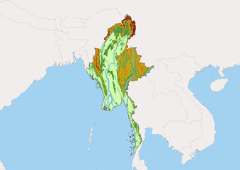 High detailed vector Myanmar physical map, topographic map of Myanmar on white with rivers, lakes and neighbouring countries. 