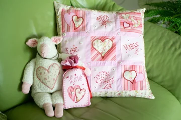 Fototapeten pink heart pillow and sweet sheep © Chimzoe Art