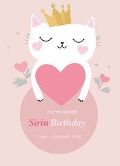 Birthday card invitation with cat and heart pastel colors flat colors vector