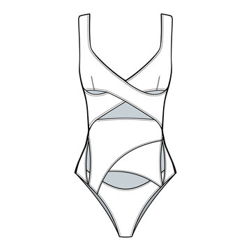recommend clip art: Cutout bodysuit swimsuit fashion drawing template. with a V-neck neckline. One-piece Swimsuit fashion flat illustration. front view, white color, CAD mockup.