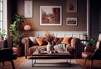 Interior design of stylish and elegant room with brown sofa, boucle armchair, wooden coffee tables, tea pot, mock up poster frame, decoration and personal accessories. Warm home decor.. Generative AI