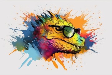 dragon in sunglasses realistic with paint splatter abstract  