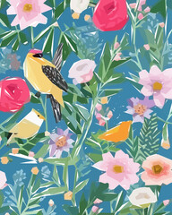 Floral background with flowers, birds and leaves. Vector illustration.
