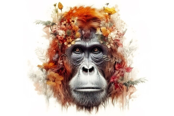 Image of an orangutan head with colorful tropical flowers. wildlife. Animal. illustration. Generative AI.