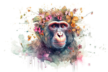 Image of a macaque monkey with colorful tropical flowers. wildlife. Animal. illustration, Generative AI.