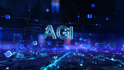 AGI- businessman working and touching with augmented virtual reality at office.