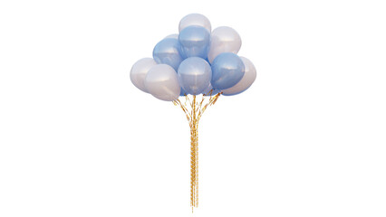 bunch of balloons blue and white color with gold ribbon 3D rendering