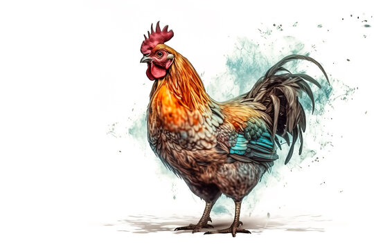 Image of colorful chicken standing on white background. Farm animal. illustration, generative AI.