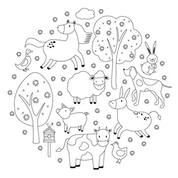 Large circular vector icon set of rural animals in linear style for logos, presentations and the web. Icons are isolated on white background. EPS