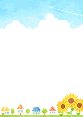 シンプルなヒマワリと街並みイラスト