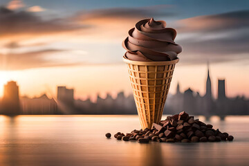 Chocolate cone ice cream with a cityscape in the background.