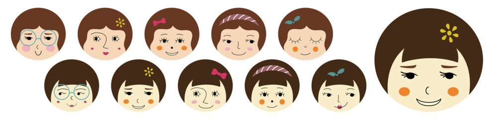 Feminine look, abstract personage, mascot design, funny face, cute icon.