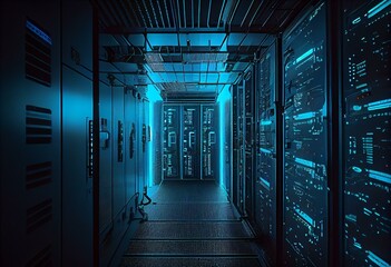 Digital Dreamscape: A Neon Blue Server Room of the Future Background. Generative AI - obrazy, fototapety, plakaty