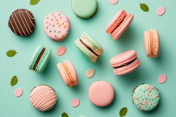 Obraz premium Macarons cookies pink green with strawberry and mint flavor on mint green background. Generative AI