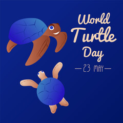 World Turtle Day 23 May background. Turtle swims in the ocean against the background of the sun. Vector illustration