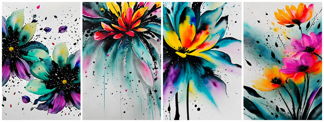 Abstract art posters background with flowers, black ink art with purple, yellow, red, cyan watercolor, ink painting for interior design, decor, packaging, invitations, print. AI generated. 