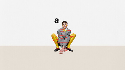 Contemporary art collage with boy, guy wearing weird clothes sitting tied with a rope over white...