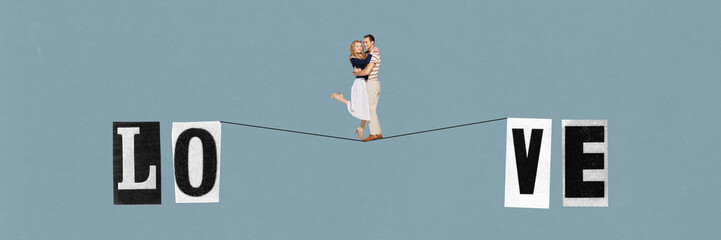 Contemporary art collage with stunning couple of lovers standing on rope with letters over white background. Creative design
