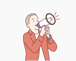 Adorable little boy shouting in megaphone. Hand drawn style vector design illustrations.