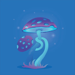 Fantasy trippy hallucinogen magic purple mushroom , vector cartoon icon. Toxic luminous fungus fairy tale or fantasy with neon light EPS