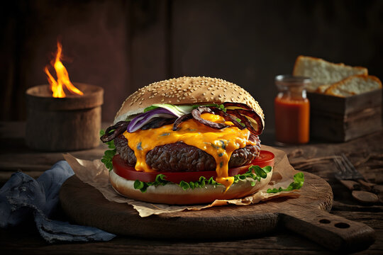 On a wooden table, a burger topped with melted cheddar cheese and sumakh. Generative AI